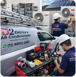 Equipe técnica da D2 Elétrica e Ar-Condicionado com frota e equipamentos especializados